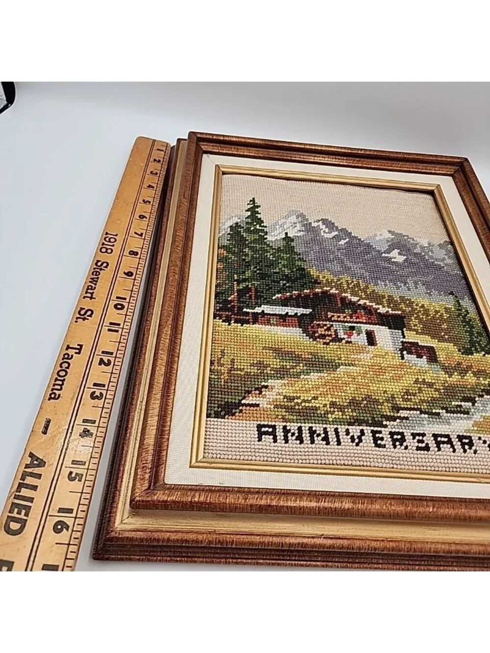 Vintage Alpine Lodge Mountain Cross Stitch Art Framed Landscape Anniversary